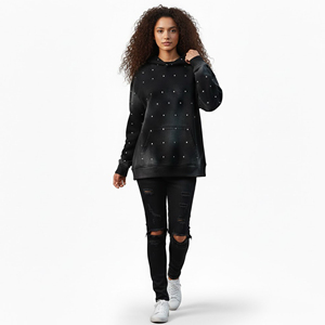 Sweat à capuche décontracté d'hiver personnalisé en gros, avec poches et strass, effet délavé, 100% coton, tissu de qualité supérieure, écologique - Product Image 2