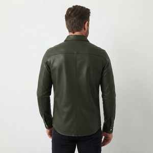 Camisa de Cuero Genuino para Hombre, Color Verde Oliva, Cuero Vacuno, Cuello Alto, Botones, Manga Larga, Estilo Casual, Venta al Por Mayor - Product Image 2