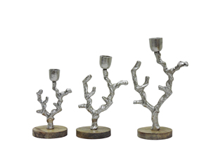 Juego de 3 Portavelas de Metal con Forma de Rama, Candelabros Escultóricos con Acabado Plateado sobre Bases de Madera, Decoración de Mesa Moderna Inspirada en la Naturaleza - Product Image 3