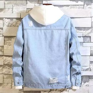 Men's Light Blue Denim Jacket Casual Button Front Distressed Ripped Solid Color Regular Fit Spring Washable 100% Cotton - Product Image 3