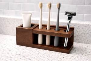 Modern Wooden Toothbrush Holder Stand For Bathroom <b>Vanity</b> Counter With Elegant Natural Wood Finish - Product Image 5