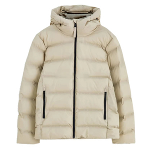 Manteau matelassé décontracté pour homme en laine beige écologique avec capuche et fermeture éclair, coupe droite, couleur unie, polyester - Product Image 1