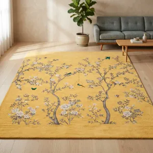 Tapis d'appoint abstrait tufté à la main, motif oiseaux jaunes et fleurs, style Japandi, rectangulaire, en laine lavable, à poils moyens et fins, pour salon - Product Image 4