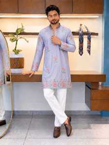 <b>Men</b> Pakistani Sherwani Suit Floral Embroidered <b>Kurta</b> Set Light Blue Formal Wedding Party Outfit - Product Image 2
