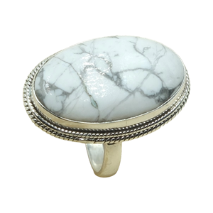 Natural White Howlite Gemstone <b>Ring</b> 925 Sterling Silver Handmade Oval Cabochon Stone <b>Statement</b> Jewelry Boho Vintage Style Women - Product Image 1