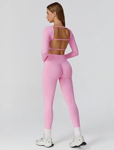 Pink 2 Piece Yoga Set High Waist Crop Top Full Length Leggings Seamless Crisscross <b>Back</b> Sport Wear for Women - Product Image 2