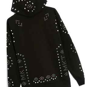 <b>Black</b> Hooded <b>Sweatshirt</b> With Rhinestone Detailing Oversized Fit Casual Style Unisex Autumn Wear - Product Image 4