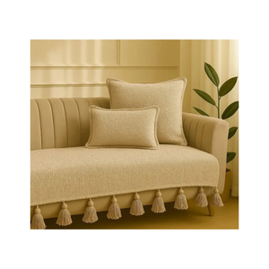 Housse de canapé texturée jaune et grise avec accent de coussin en losange et bordure à pompons alternés pour une touche décorative moderne à la maison - Product Image 1
