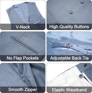 Traje de 3 Piezas para Hombre, Color Azul Claro, Estilo Británico, Cuello de Solapa, Blazer, Chaleco y Pantalones, Cierre de un Botón, Antiarrugas, Formal de Negocios - Product Image 6