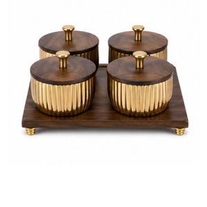 Élégant coffret à fruits secs en métal bicolore avec plateau de service en bois ondulé et 3 bols à bonbons à couvercles, pour servir des noix et des en-cas décoratifs - Product Image 2