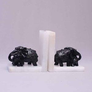 Luxury White Marble Art Deco Engraved Bookends Black <b>Elephant</b> Figurines <b>Decorative</b> Book Holder for Home Office Shelf Desk - Product Image 1