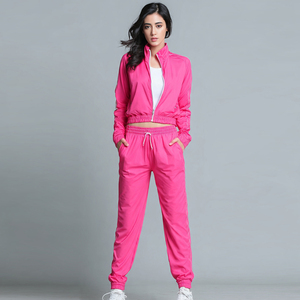 Crop <b>Women</b> Training Suit 100% Polyester Stand Collar Zipper <b>Jacket</b> Tops Trainer Pants Ladies Polyester Crop Training Tracksuits - Product Image 1