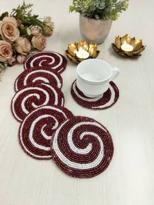 Handmade Beaded Coaster Set Of 6 Red White Spiral <b>Drinkware</b> Accessories For Coffee Drinking Bar Mats Classic Style Washable - Product Image 5