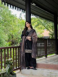 Ensemble indien pakistanais en coton brodé bleu, kurta longue, palazzo, châle, robe traditionnelle pour fête, mariage - Product Image 3