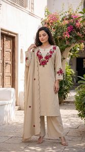 Salwar Kameez en coton beige avec broderie, style traditionnel indien pakistanais, moderne, séchage rapide, décontracté, pour fêtes et mariages, pour femmes - Product Image 2