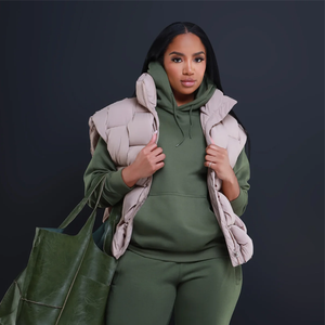 Conjunto de Sudadera con Capucha para Mujer, Verde, Tejido, Manga Larga, Color Sólido, para Otoño, con Chaleco Acolchado y Bolso Tote - Product Image 5