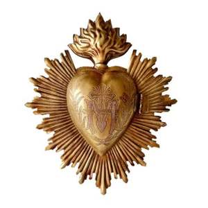 Vintage Gold Sacred <b>Heart</b> Reliquary <b>Locket</b> Plaque Engraved Marian Monogram Religious Mexican Folk Art Decor - Product Image 1