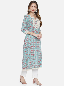 Ensemble Kurti vintage en coton à imprimé floral pour femme, col en V, manches trois quarts, robe longue trapèze avec broderie en dentelle - Product Image 2