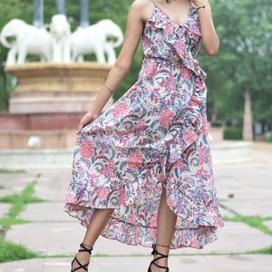 Robe imprimée à la main, tuniques indiennes, longue robe en coton indien, col en V, sans manches, robe imprimée en coton indien pour femmes - Product Image 1