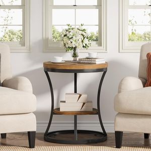 Table d'appoint ronde à 2 niveaux en bois d'acacia massif avec structure en métal noir pour salon, chambre, hôtel, meubles de maison - Product Image 5