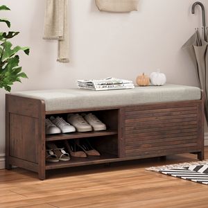 Panca portaoggetti con tapparelle in stile retrò con impiallacciatura di Acacia per soggiorno e ingresso - Product Image 3