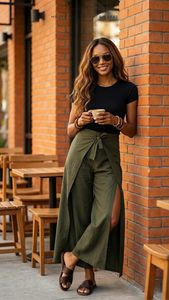 Women's Mid Waist Straight Pants Olive Green 100% Cotton Canvas <b>Elastic</b> Waist Regular Fit Full Length Casual Autumn Breathable - Product Image 3