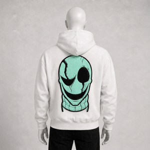 Sweat-shirt à capuche blanc pour femme, avec appliqué crâne de dessin animé vert sarcelle au dos, coupe classique, en coton tricoté, pour l'automne - Product Image 1