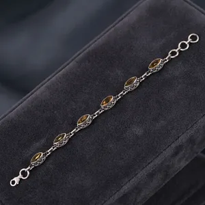 Vintage 925 Silver Bracelet With Water Drop Citrine Bezel Setting <b>Chain</b> Link Women's Everyday Wear Jewelry - Product Image 5