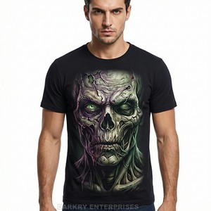 Camiseta Negra para Hombre, Personalizada con Estampado Gráfico 3D de Cara de Zombie, Estilo Urbano Oversize, Camiseta de Algodón Peinado de Alta Calidad, Estilo Horror - Product Image 1