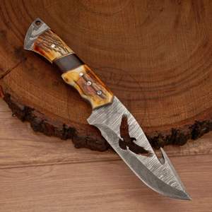 Cuchillo de caza de hoja fija de Damasco de grado industrial personalizado premium con punta de caza de 8 pulgadas y mango de cuerno táctico OEM - Product Image 6