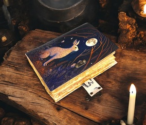 400 Page Large Easter Bunny Rabbit Vintage Handmade Leather Journal Grimoire Fat <b>Blank</b> Spell Book Shadows Christmas Water Color - Product Image 2