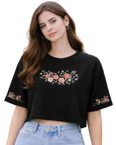 Camiseta Corta para Mujer, Color Negro, Bordado Floral, Manga Corta, Informal, Mezcla de Algodón Suave, Top de Verano para Mujer, Venta al Por Mayor - Product Image 1