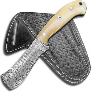 Couteau de chasse Damas OEM artisanal pas cher, lame fixe de 8 pouces, manche en os, lame pleine longueur, qualité industrielle, couteau de cowboy avec étui en cuir - Product Image 1