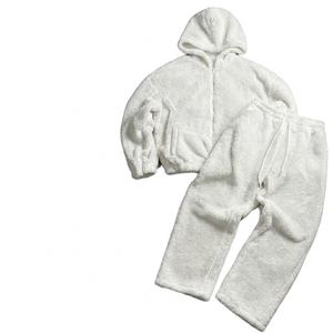 KIingSen OEM Custom Embroidery Breathable <b>Knitted</b> 360g Winter Men's Sherpa Fleece Zip-Up Hoodie Sweatpants Streetwear <b>Set</b> - Product Image 2