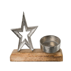 Estrella de Navidad Plateada de Aluminio Fundido con Portavelas en Base de Madera de Mango - Product Image 3