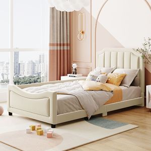 Divano letto classico a righe beige imbottito, letto singolo per bambini con elegante testiera - Product Image 1