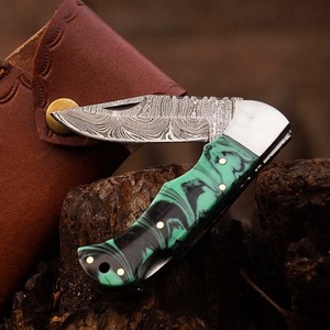UA Supplies <b>Hand</b> Forged Damascus Steel Clip Point Folder Knife Turquoise Resin Handle Razor Sharp Outdoor Camping Utility EDC - Product Image 1