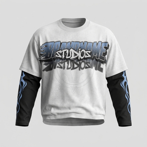เสื้อยืดผู้ชายสไตล์ Y2K แขนสั้นสองชั้น ทรงหลวมโอเวอร์ไซส์ สตรีทแวร์ ลายกราฟิกตัวอักษรแบบดิสเทรส ผ้าวอร์สเตด 220 GSM ป้องกันขนร่วง - Product Image 1