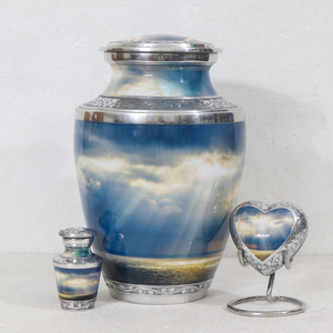 Set of Custom Printed Sky Ocean Cremation <b>Urn</b> Trieste Shape with <b>Mini</b> & Heart <b>Urn</b> Keepsakes with Stand Human <b>Ashes</b> Storage <b>Urn</b> - Product Image 2
