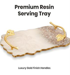 Plateau de service artistique fait main en acide polylactique, forme irrégulière, poignées en forme de branche dorée, marbré blanc, compatible lave-vaisselle, pour les fêtes - Product Image 4