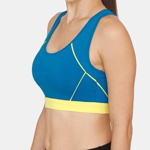 Sujetador deportivo para mujer, azul y amarillo en contraste, cuello redondo, espalda cruzada, soporte medio, transpirable, sin costuras, ajuste sólido, para fitness - Product Image 3