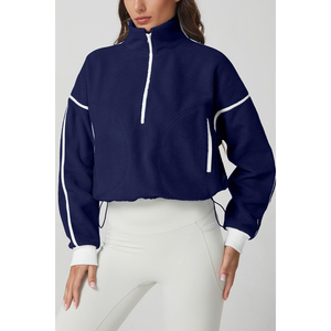 2026 Trending <b>Women's</b> <b>Navy</b> Fleece Half-Zip Crop Sweatshirt Stand Collar Drop-Shoulder Full Sleeve Autumn Casual Wear ODM OEM - Product Image 4