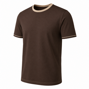 T-shirt col rond marron foncé en gros avec col beige et surpiqûres contrastées sur les manches – Vêtements personnalisés pour hommes - Product Image 3