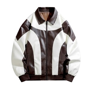 Chaqueta de cuero PU para hombre, estilo bomber, con bloques de color, estilo motociclista, cuello vuelto, cierre de cremallera, para otoño, chaqueta de moto. - Product Image 5