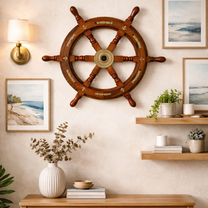 Decoración de Pared con Timón de Barco Náutico de Madera Vintage, Madera de Palisandro Indio, Estilo Costero, Hecho a Mano - Product Image 3