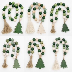 Guirnalda de Cuentas de Madera Hecha a Mano para Árbol de Navidad con Borla de Yute, Decoración Rústica Verde y Crema para Bandeja Escalonada Navideña, Venta al por Mayor a Granel - Product Image 2