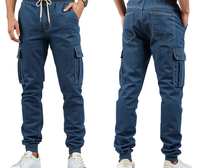 Pantalon cargo jogger en denim texturé pour homme, style robuste, taille élastique boutonnée, long, anti-plis, imprimé sur le devant, décontracté