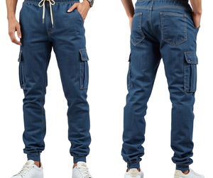 Pantalon cargo jogger en jean texturé pour homme, taille élastique avec cordon de serrage, style robuste, multipoches, décontracté - Product Image 2