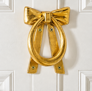 Regal <b>Bow</b> <b>Door</b> Knocker in Golden Brass Tone with Ribbon Knot Detail and Oval Ring for Elegant Traditional Entrance DoorsRegal Bo - Product Image 4