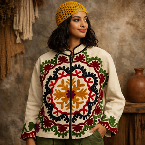 Embroidered Floral Blouson <b>Jacket</b> with <b>Mandarin</b> <b>Collar</b> Pullover Closure Full Sleeve Long Winter Women's Outerwear Cotton Filling - Product Image 4